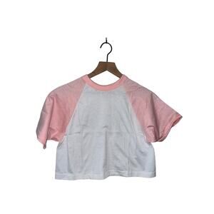 1980s Women's Sportswear USA Made White Pink Crop Top Shirt Women M Medium 80s